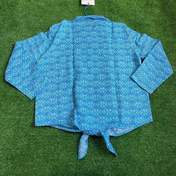 Mac Dougal & Houston Button-Up 3/4 Sleeve Tie Front Linen Blend Blue Shirt L NEW - Picture 6 of 13